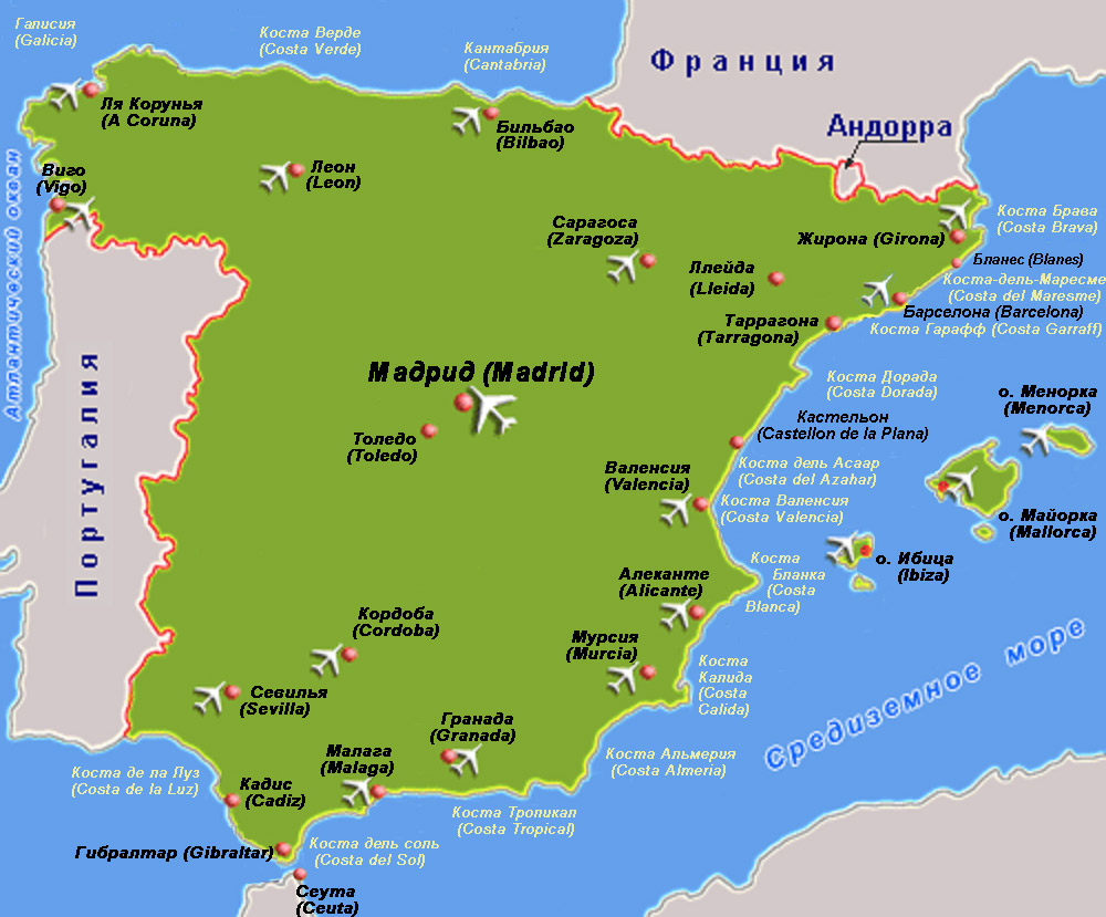 Карта курортов Испании