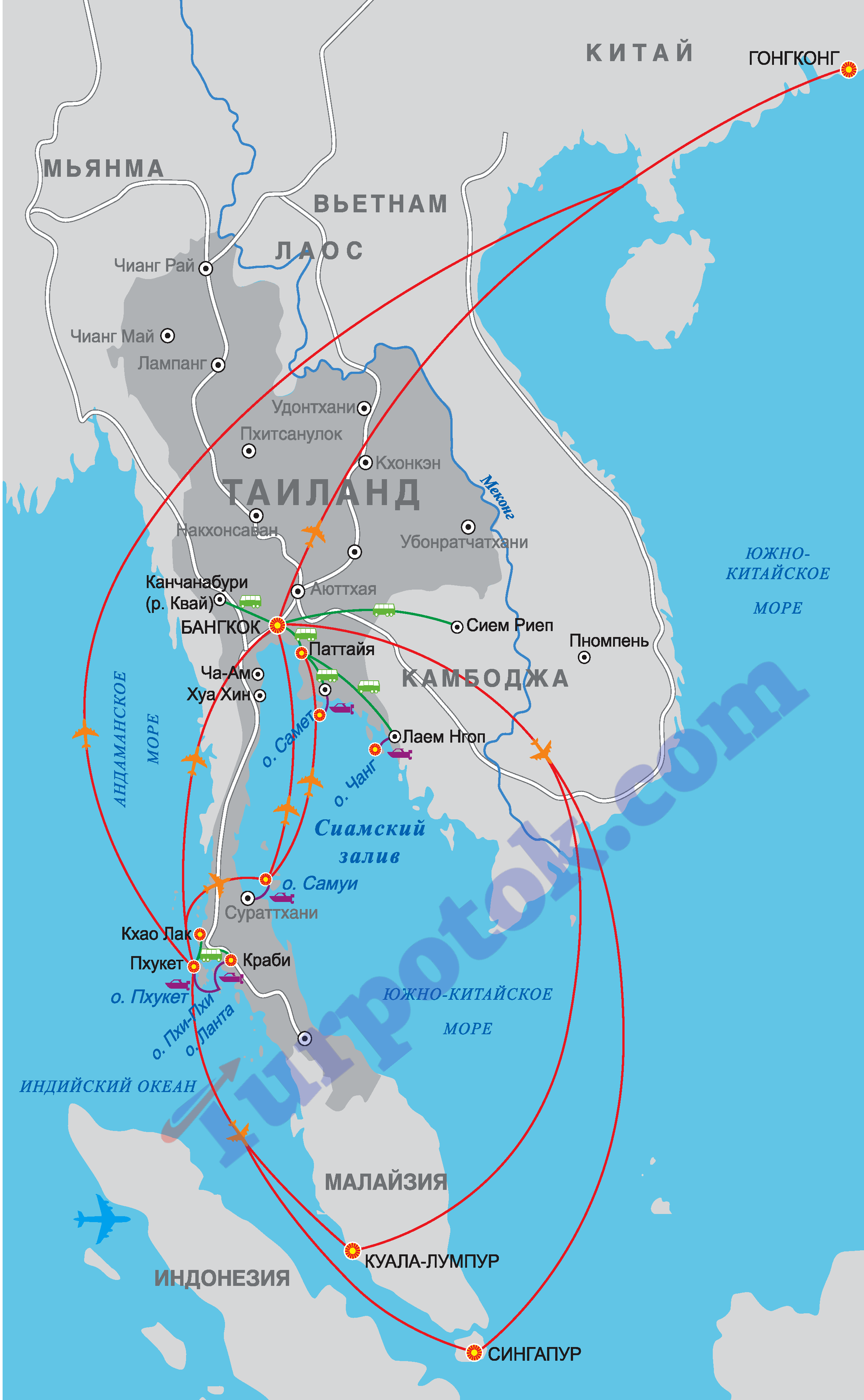 Бангкок, Паттайя, Пхукет, Самуи, Ко Чанг, Хуа Хин, Краби на карта Таиланда