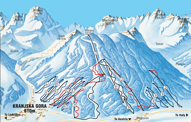 Карта трасс горнолыжного курорта Краньска-Гора